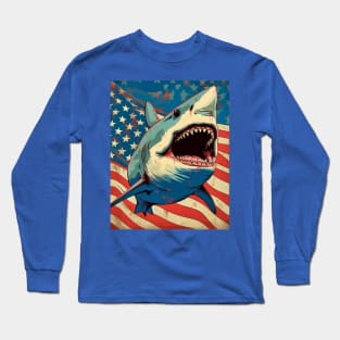 American Flag Patriotism and Freedom Great White Shark Long Sleeve T-Shirt